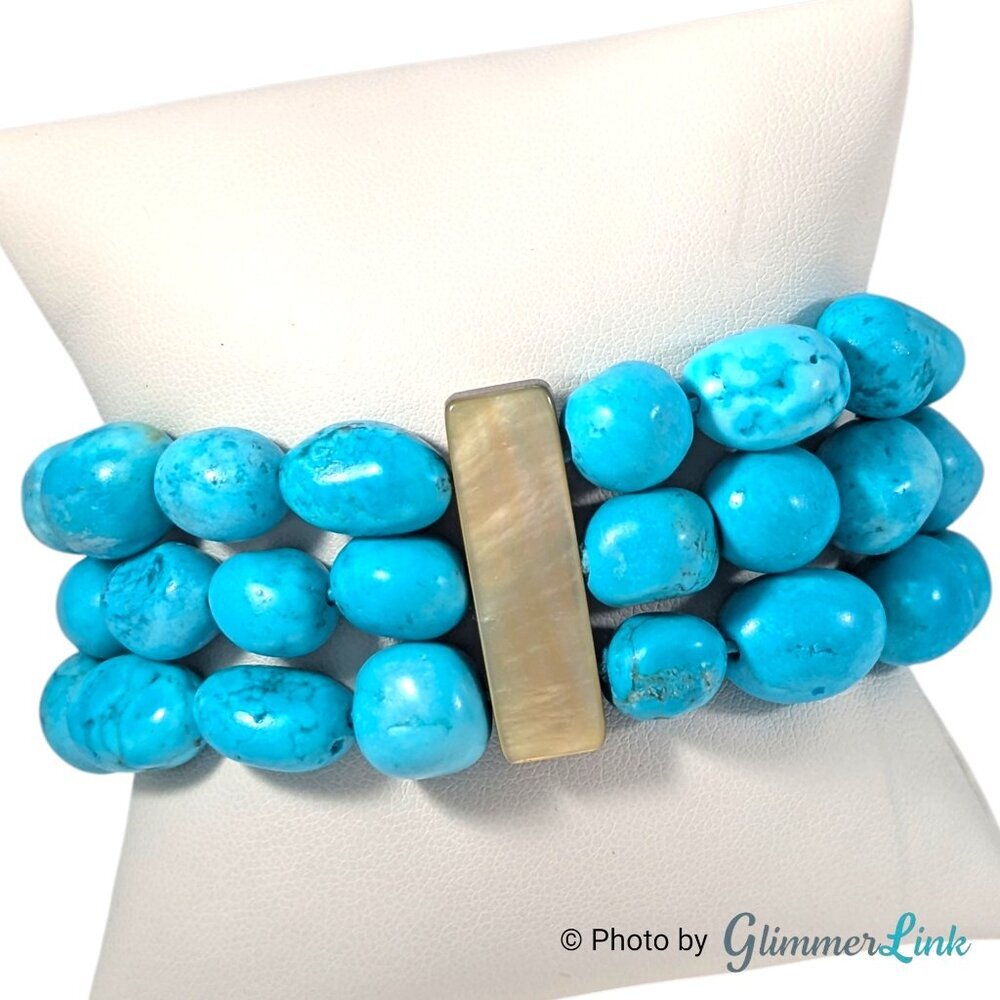 Triple Strand Teal Dyed Stone Stretch Bracelet with Mother of Pearl Bar